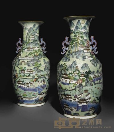 JIAQING/DAOGUANG PERIOD，CIRCA 1820 A PAIR OF MASSIVE FAMILLE ROSE‘LANDSCAPE’VASES 高82cm