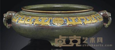 19TH CENTURY A TEADUST-GLAZED AND GILT-DECORATED ARCHAISTIC TRIPOD CENSER 24.5cm