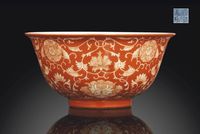 A CORAL-GROUND REVERSE-DECORATED‘LOTUS’BOWL