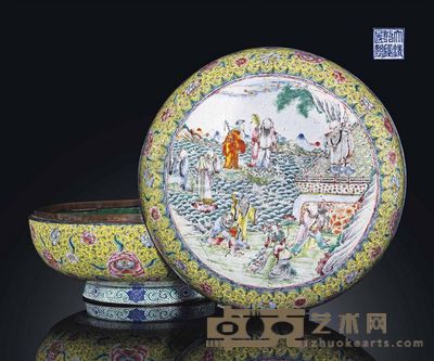 A PAINTED ENAMEL CIRCULAR‘IMMORTALS’BOX AND COVER 宽28.8cm