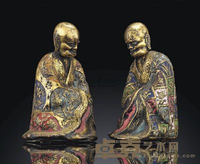 18TH CENTURY A PAIR OF CHAMPLEVé ENAMEL AND GILT-METAL FIGURES OF LUOHAN 高16cm