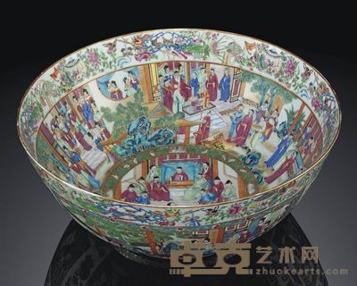 EARLY 19TH CENTURY A MASSIVE CANTON FAMILLE ROSE PUNCHBOWL 直径50.3cm