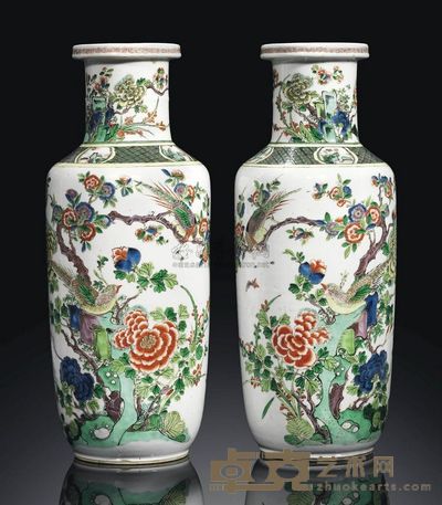 19TH CENTURY A PAIR OF FAMILLE VERTE ROULEAU VASES 高45cm