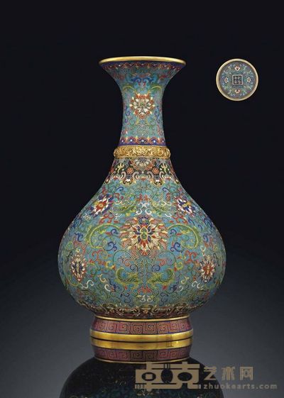 AN IMPERIAL CLOISONNé ENAMEL‘LOTUS’PEAR-SHAPED VASE，YUHUNCHUNPING 高30cm