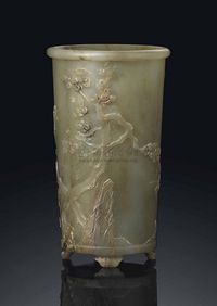 MING DYNASTY，17TH CENTURY A CELADON AND RUSSET JADE‘THREE FRIENDS OF WINTER’BRUSH POT，BITONG