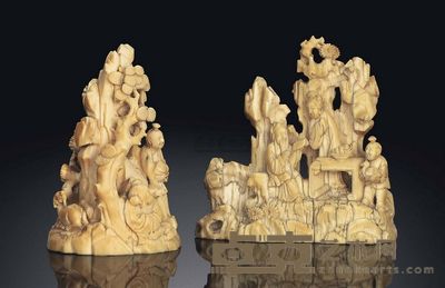 18TH CENTURY TWO SMALL IVORY MOUNTAIN CARVINGS 高7.8cm