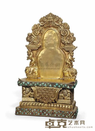 TIBET/MONGOLIA 18TH CENTURY A TURQUOISE AND CORAL INLAID GILT COPPER SHRINE 直径27.4cm