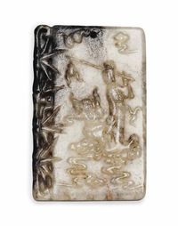 MING DYNASTY (1368-1644) A MOTTLED GREY JADE CARVED RECTANGULAR‘IMMORTAL’PLAQUE