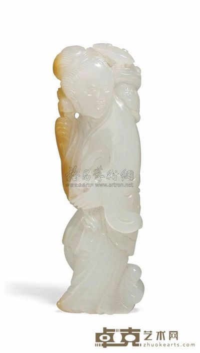 19TH/20TH CENTURY A WHITE AND RUSSET JADE CARVING OF A LADY 直径6.9cm