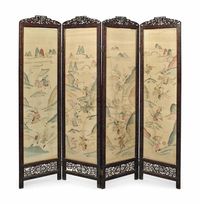 LATE 19TH/EARLY 20TH CENTURY A FOUR-FOLD HARDWOOD SCREEN WITH KESI LEAVES