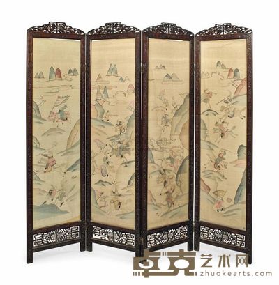 LATE 19TH/EARLY 20TH CENTURY A FOUR-FOLD HARDWOOD SCREEN WITH KESI LEAVES 178.5×47.5cm