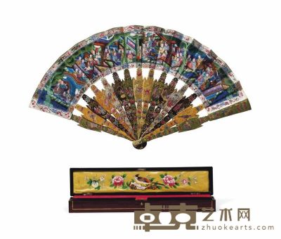 MID-19TH CENTURY A CANTONESE LACQUER FAN WITH VIEW OF A BAY 长29cm