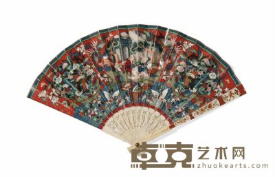 POSSIBLY 18TH CENTURY A SMALL MICA AND IVORY‘EUROPEAN SUBJECT’FAN 长19cm