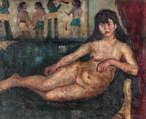 唐藴玉 约1930-40年作 绿椅上躺卧的裸女