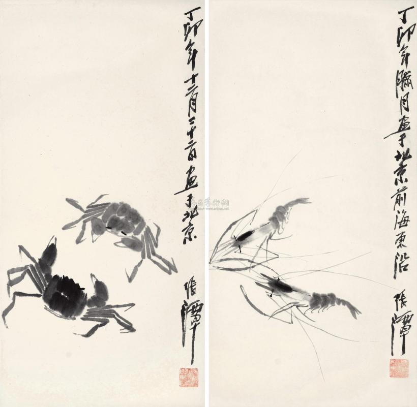 张潭 丁卯（1987年）作 对虾 对蟹 立轴