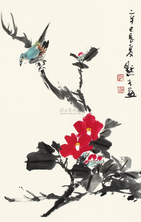 金默如 辛巳（2001年）作 花鸟 立轴