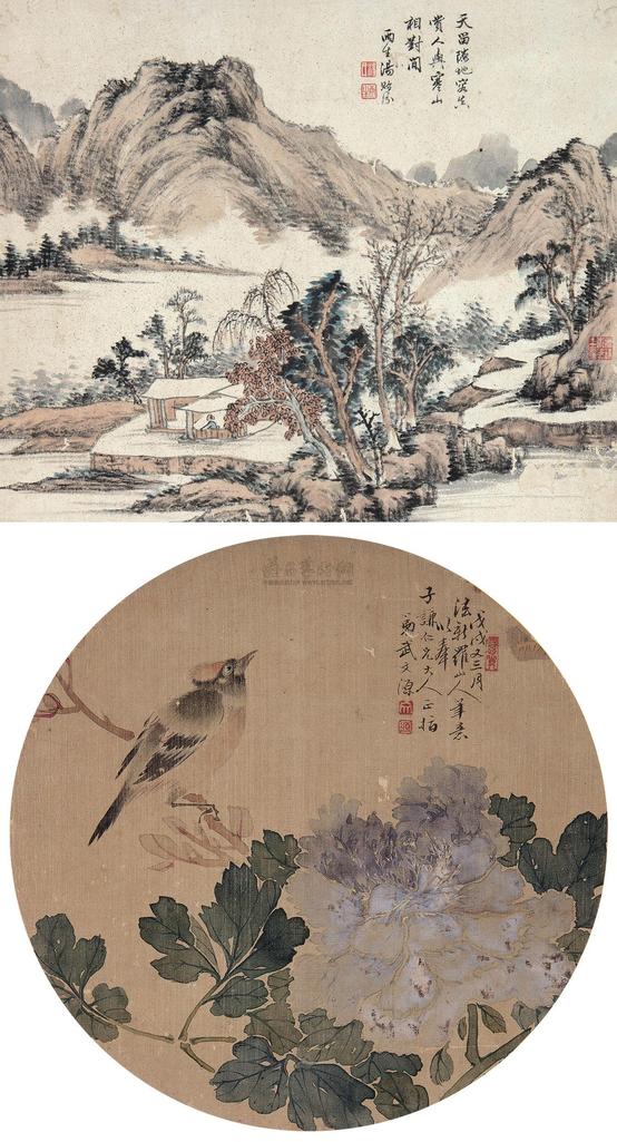 汤贻汾 武文源 秋山图 花鸟 立轴