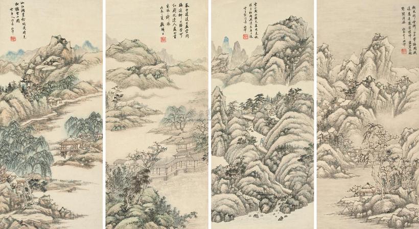 顾麟士 丙辰(1916年)作 山水 四屏