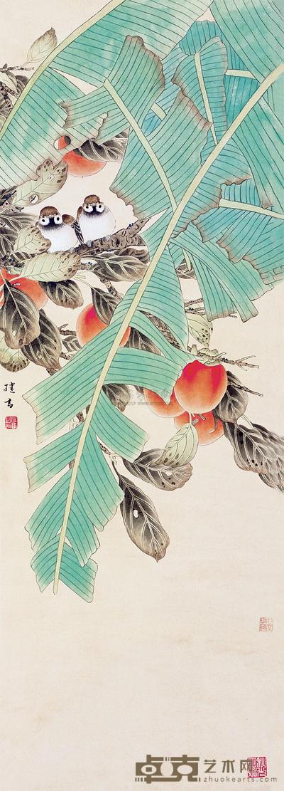 喻继高 工笔花鸟 立轴 100×34cm