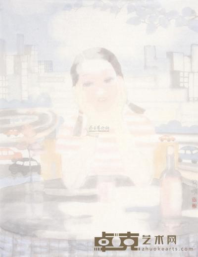 田黎明 喝红酒的女孩 镜片 69.5×54cm