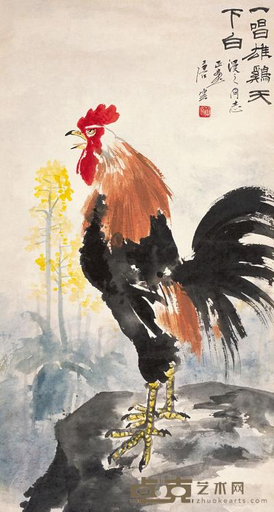 唐云 一唱雄鸡天下白 镜片 110×59cm