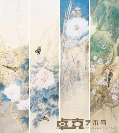 郑雅风 花鸟 四条屏镜片 106×22.5cm×4