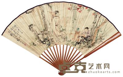 任子青 张海若 林间煮茗 方干《睦州吕郎中郡中环溪亭》诗 成扇 18.5×50.5cm×2