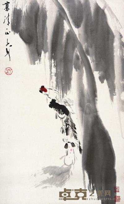 王子武 芭蕉游鱼 立轴 65×39cm