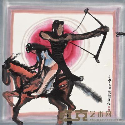 陈国勇 骑射图 立轴 68×68cm