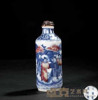 清 青花釉里红人物烟壶 高7cm