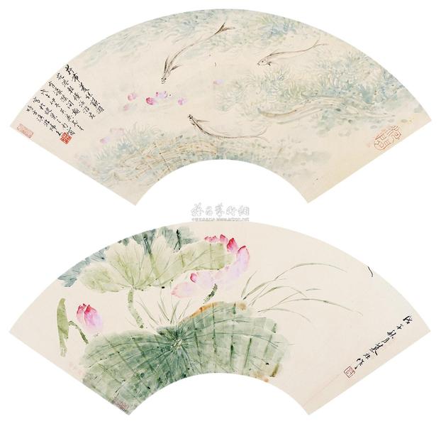 俞子才 郑慕康 戊午（1978年）作 游鱼戏落花 荷花 （两幅） 扇面