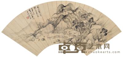 张熊 1882年作 山水 扇面片 18.5×51cm