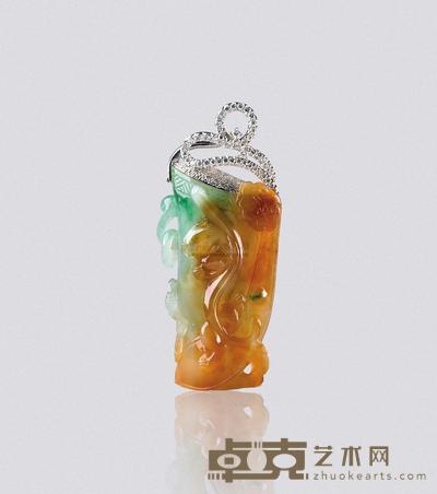 天然三彩翡翠雕如意螭龙爵型配钻石吊坠
