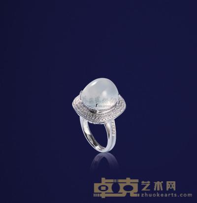 天然玻璃种翡翠蛋面配钻石戒指 