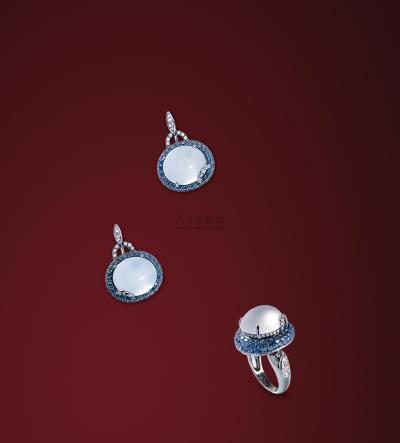天然冰种翡翠配钻石蓝宝石戒指/耳饰套装