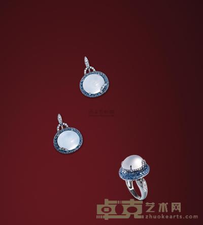 天然冰种翡翠配钻石蓝宝石戒指/耳饰套装 