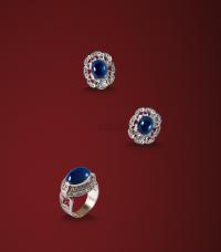 天然蓝宝石配钻石戒指/耳饰套装
