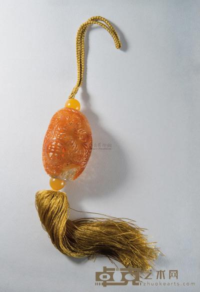 天然红翡雕镂空香囊挂件 