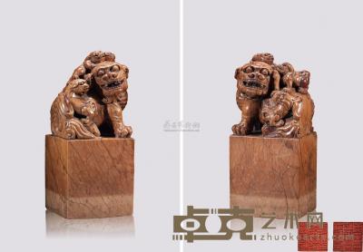 清 寿山石狮钮玺 （二件） 高34cm