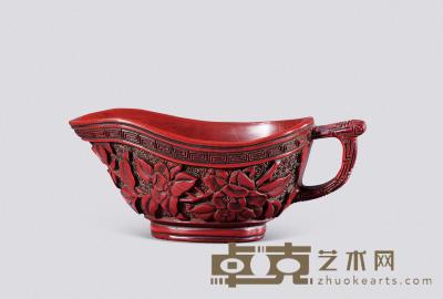 清中期 剔红花卉纹把杯 长11.5cm
