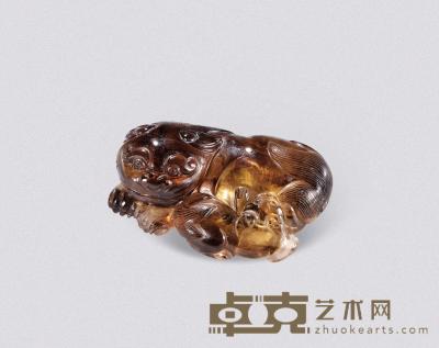 清中期 茶晶太狮少狮 长6.3cm