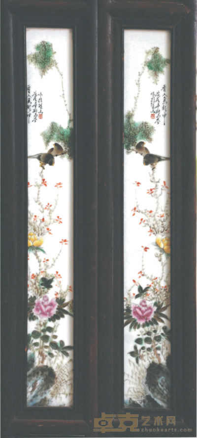 刘雨岑  粉彩花鸟挂屏一对 57×8cm×2