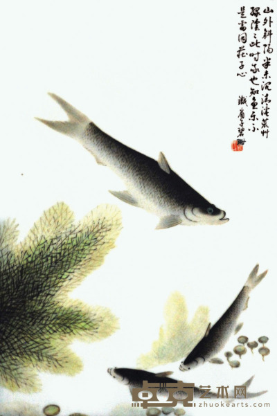 邓碧珊  粉彩年年有鱼图插屏 35×24cm