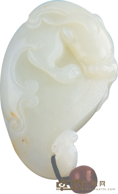 和田籽玉瑞兽手把件 L:7cm