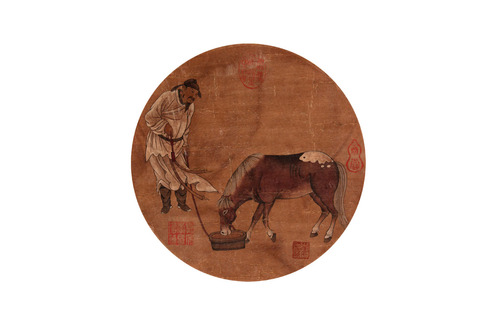佚  名 喂马图团扇立轴