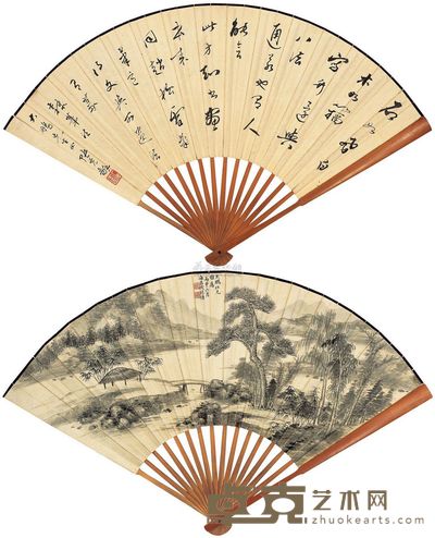 钱镜塘 张石园 丙申(1956年)作 溪山亭子图 书法 成扇