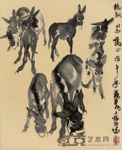 黄胄 戊午（1978年）作 群驴 镜片 69.5×57cm