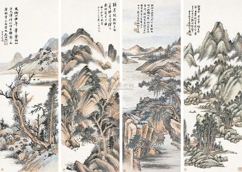 吴湖帆 吴待秋 冯超然 吴华源 甲申（1944年）作 四景图 四屏