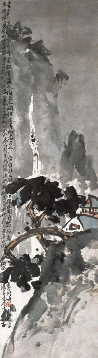 潘天寿 壬戌（1922年）作 烟雨楼阁图 立轴
