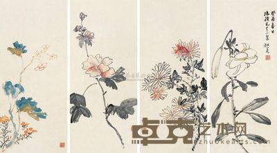 黄宾虹 癸酉（1933年）作 花卉 四屏 52×23cm×4